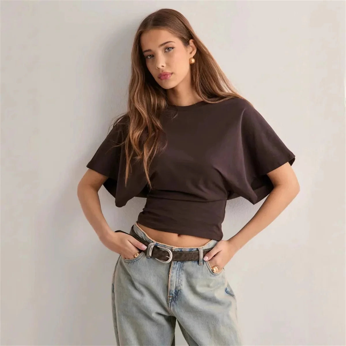 Women's New Arrival Solid Colour Pure Cotton Crew Neck Pullover Short-Sleeved Loose-Fit Waist-Defining Cropped Top with Exposed